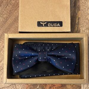 Navy Blue With White And Red Polka Dots Bow Tie Set